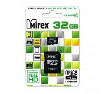 Карта памяти MicroSD 32GB Mirex Class 10 + SD адаптер#50097